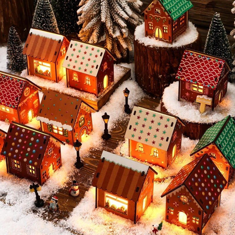 Lunmon 29 Pcs DIY Christmas Village Sets 12 Pcs Wood Village Houses Xmas Scene Figurines Decoration Mini Tree Desktop Ornament for Indoor Room Landscape Xmas Holiday Party Decor(Cute Style) - Image 4